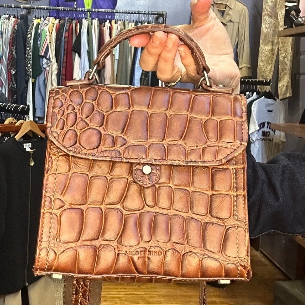 Liebeskind Berlin Brown Croc Embossed Leather Top Handle Crossbody Satchel Bag